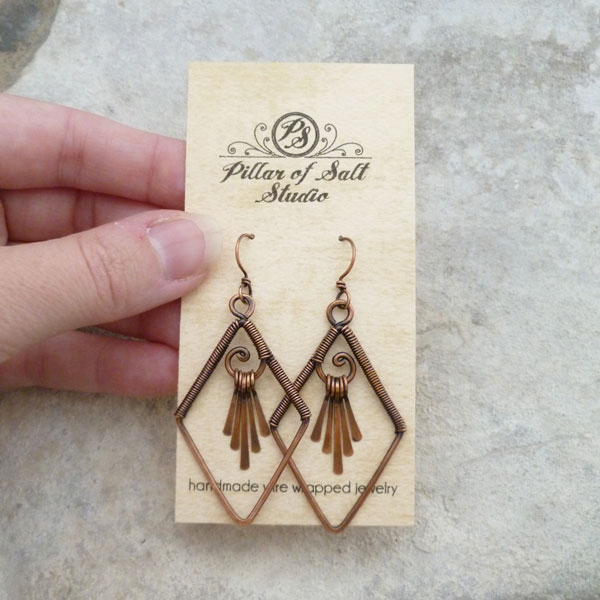 Diamond shape fringe copper wire wrapped earrings Pillar of Salt