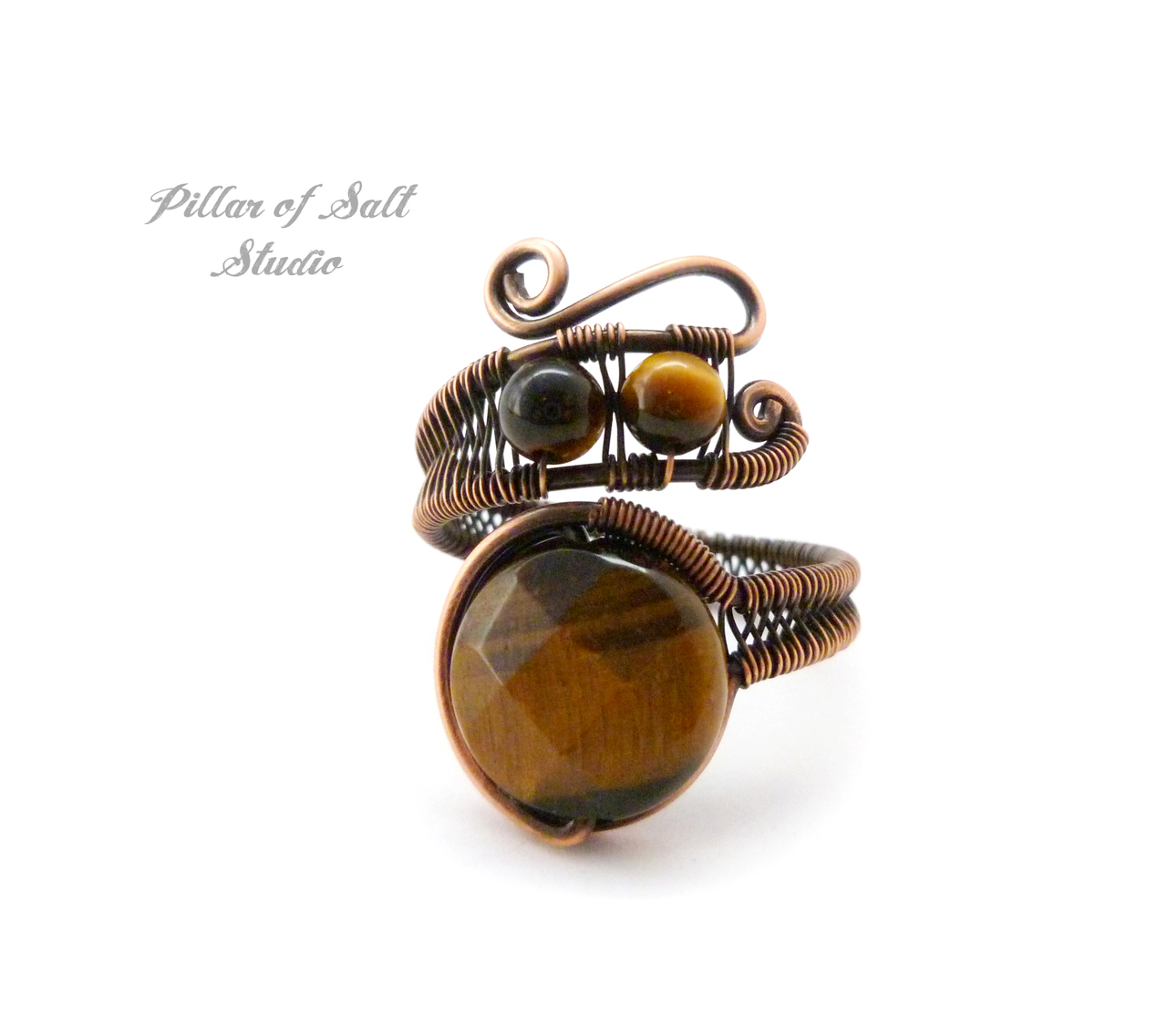 Adjustable copper wire wrapped ring with woven wire band by Pillar of Salt Studio