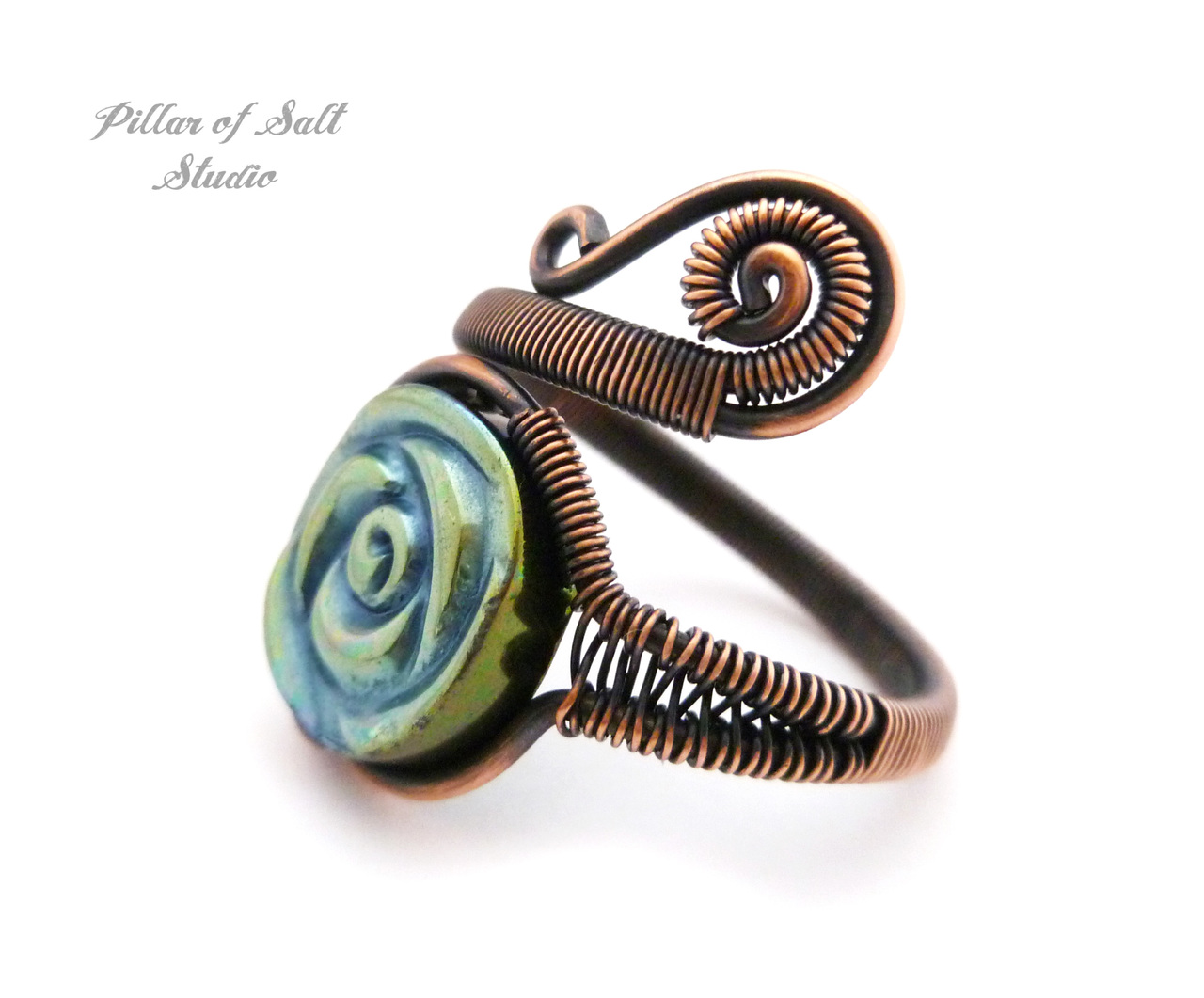 Adjustable copper wire wrapped ring with woven wire band rustic earthy jewelry by Pillar of Salt Studio