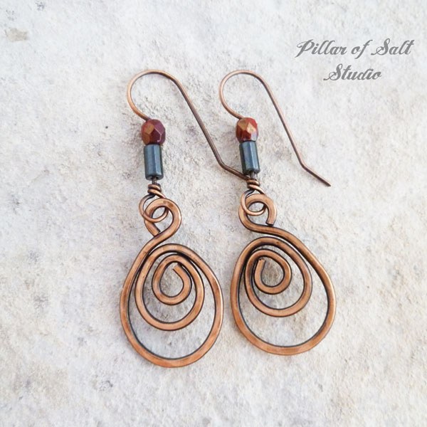 copper wire wrapped earrings with red czech glass and hemalyke beads by Pillar of Salt Studio