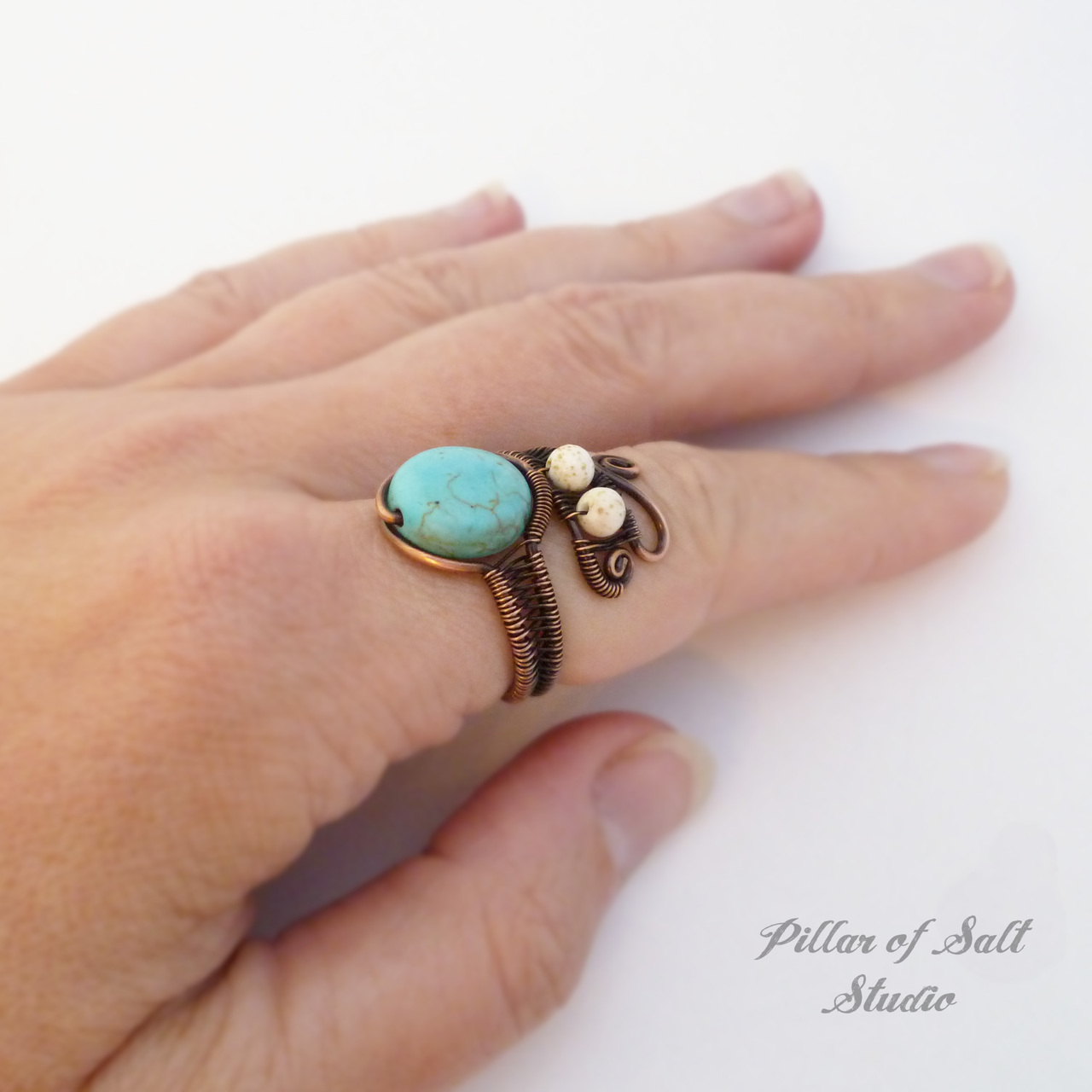 Adjustable Copper Wire wrapped ring with turquoise magnesite beads / Pillar of Salt Studio