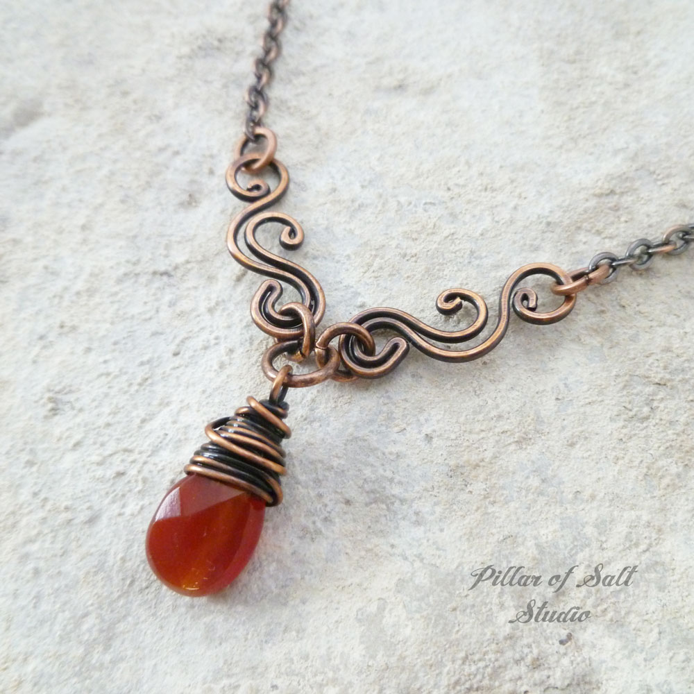 Carnelian Copper Wire Wrapped necklace scrolling V