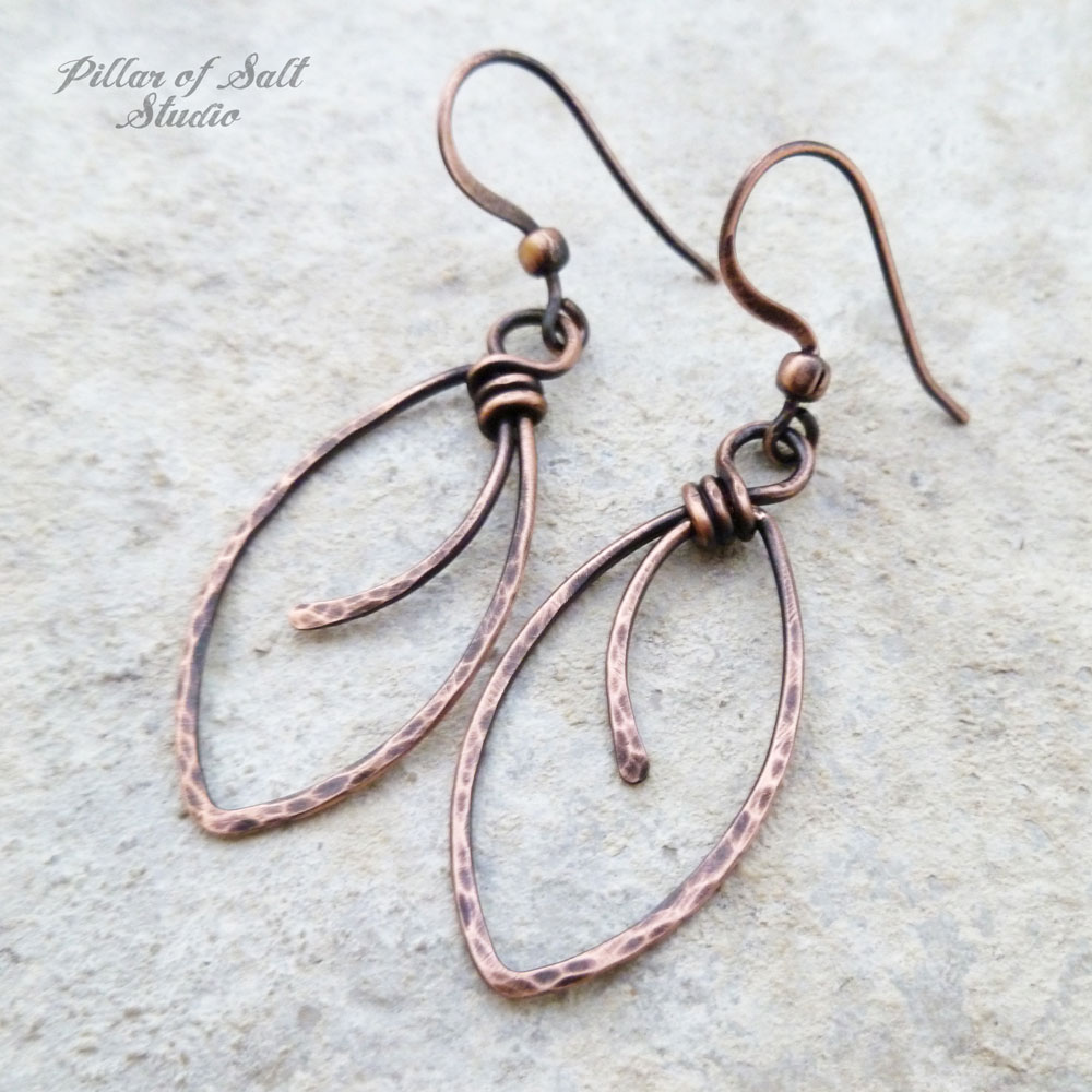 Marquis shape hammered Copper wire wrapped earrings Pillar of Salt