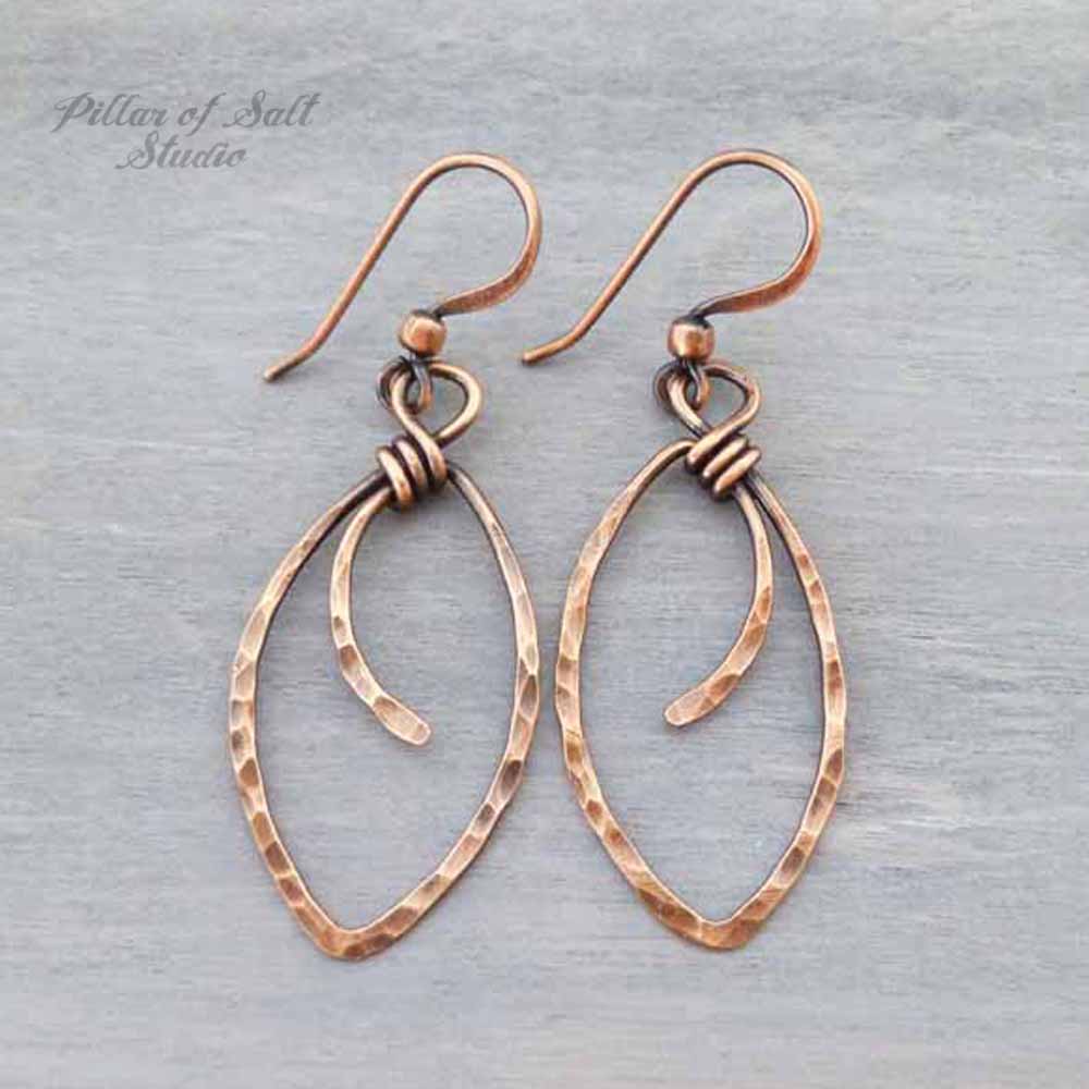 Marquis shape hammered Copper wire wrapped earrings Pillar of Salt