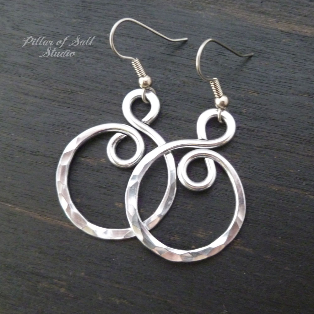 Hammered Aluminum infinity spiral wire wrapped earrings handcrafted by Pillar of Salt Studio