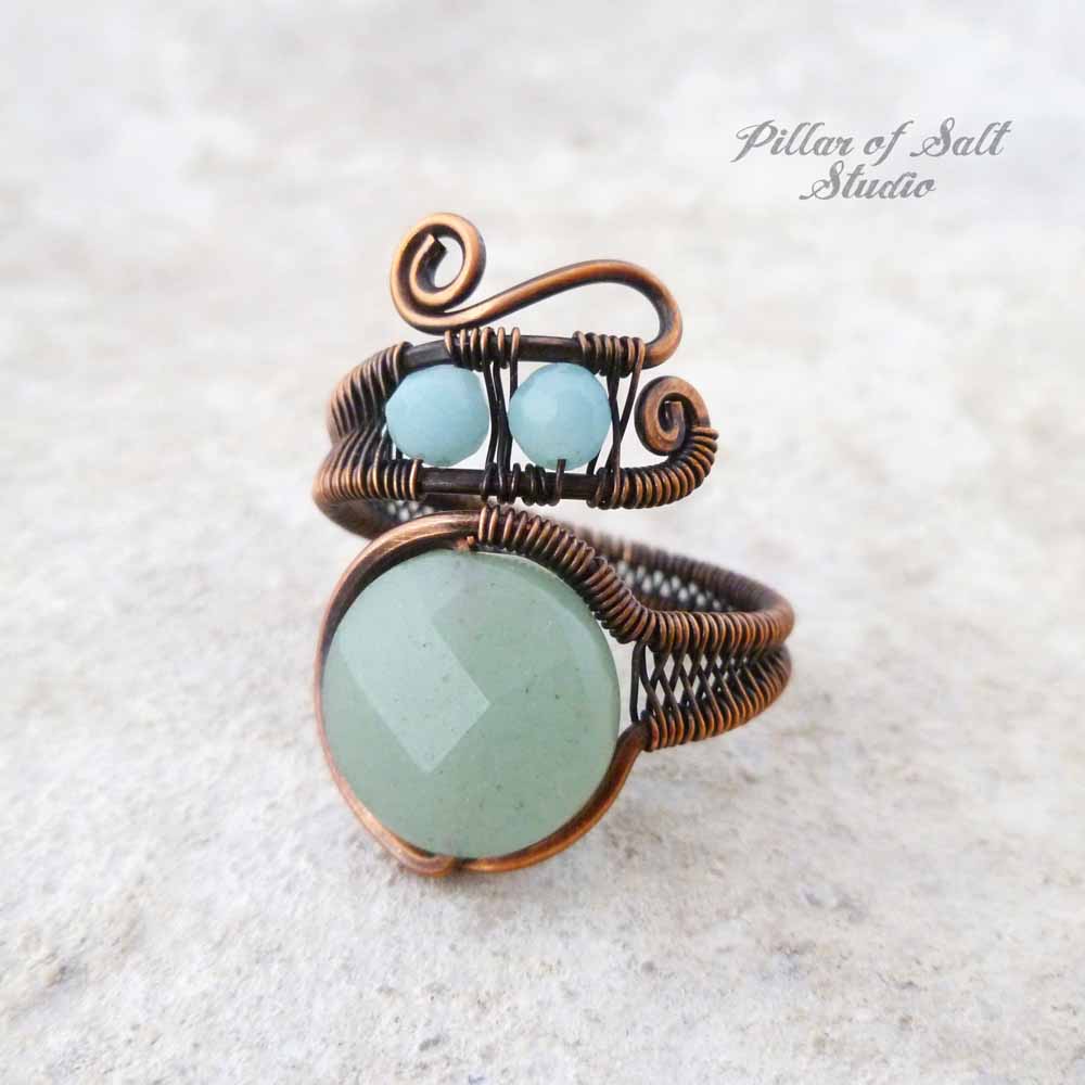  Green aventurine and amazonite copper wire wrapped ring by Pillar of Salt Studio