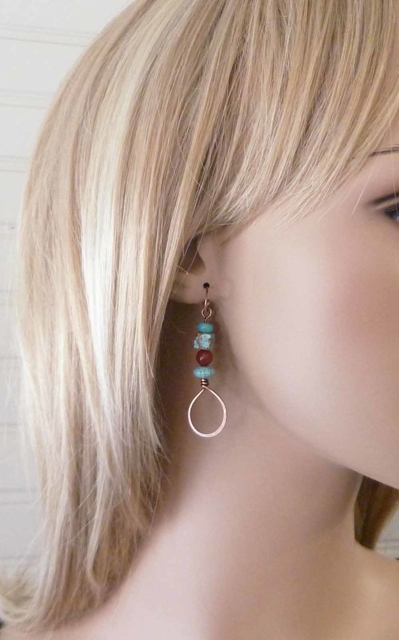 Stacked Teardrop Copper Earrings - Red and Turquoise