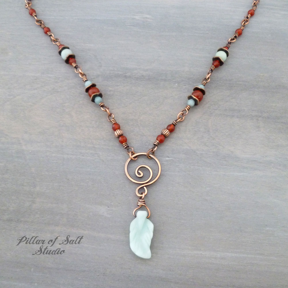 Amazonite and Carnelian copper wire wrapped necklace by Pillar of Salt Studio