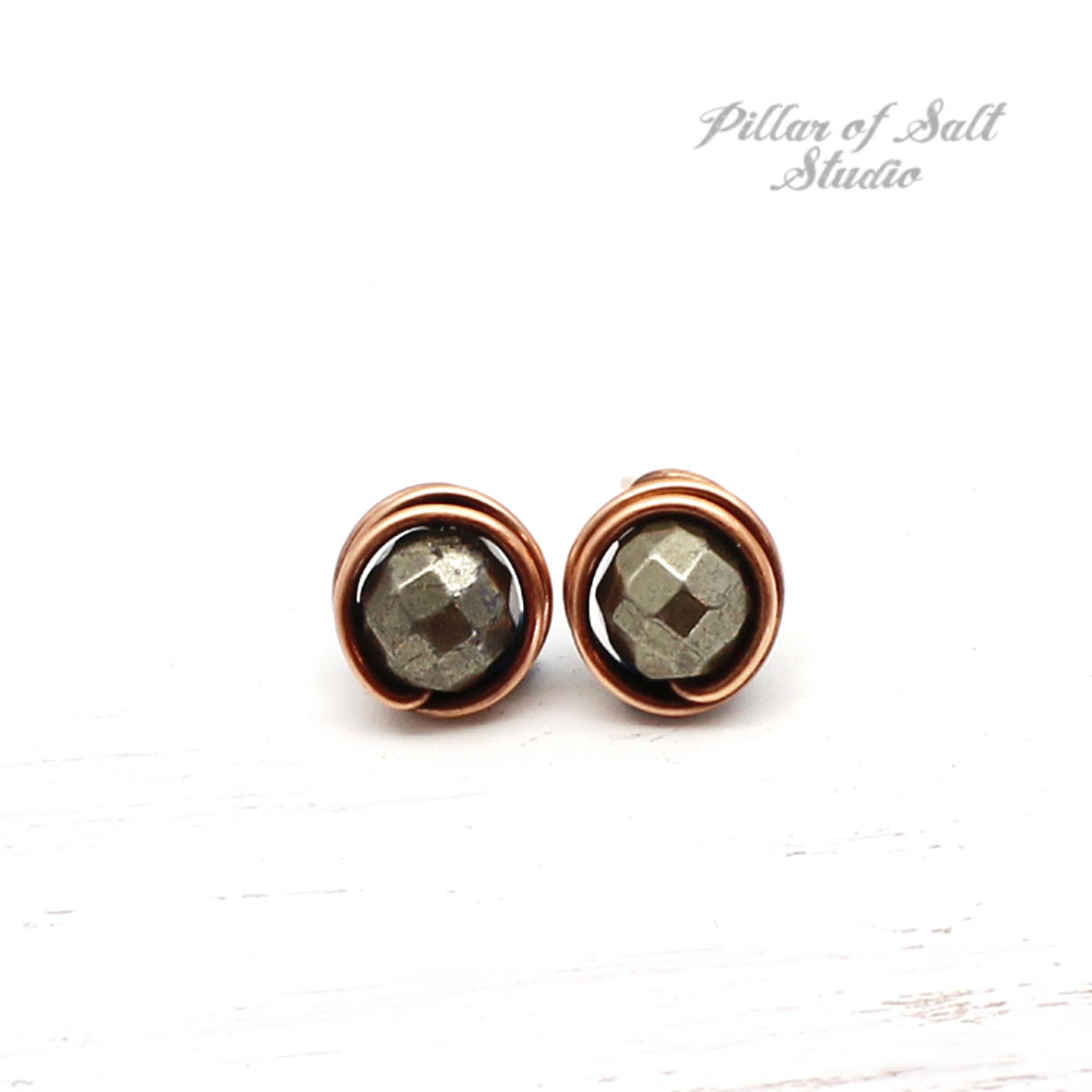 small pyrite copper stud earrings by Pillar of Salt Studio