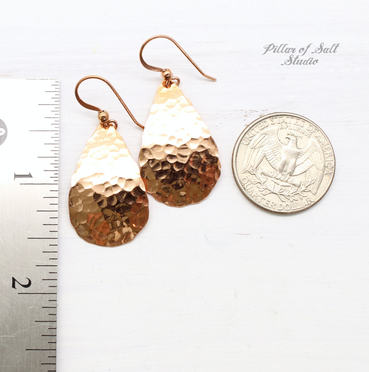 bright shiny hammered copper teardrop earrings by Pillar of Salt Studio