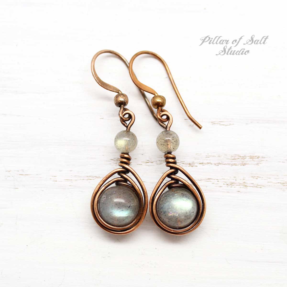 Copper Wire Wrapped Earrings with Labradorite Stones
