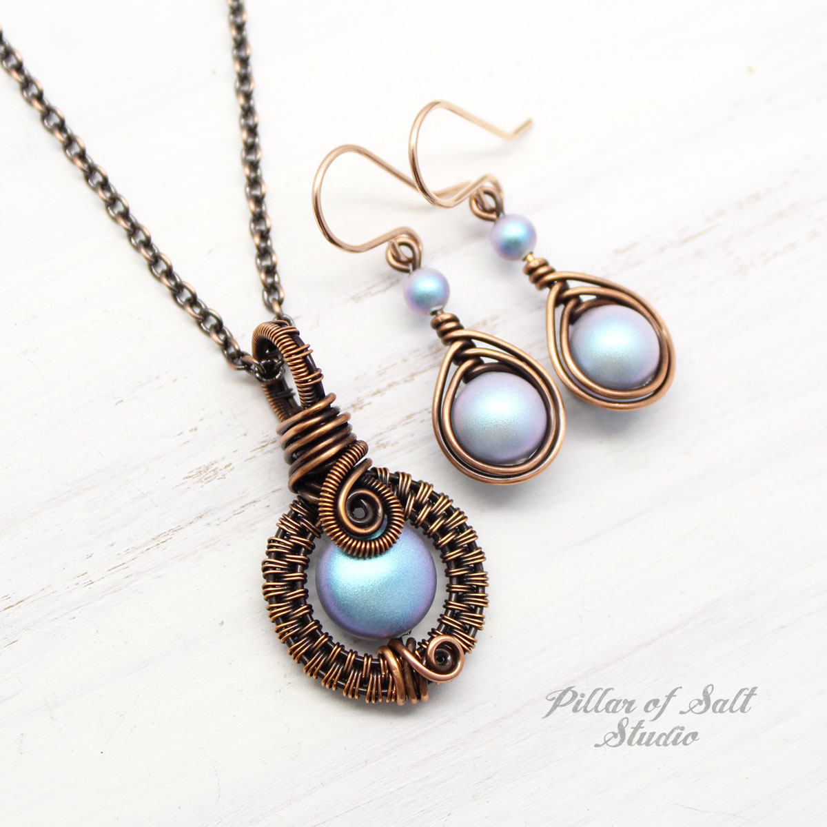 Light Blue Swarovski Pearl Necklace & Earring Set