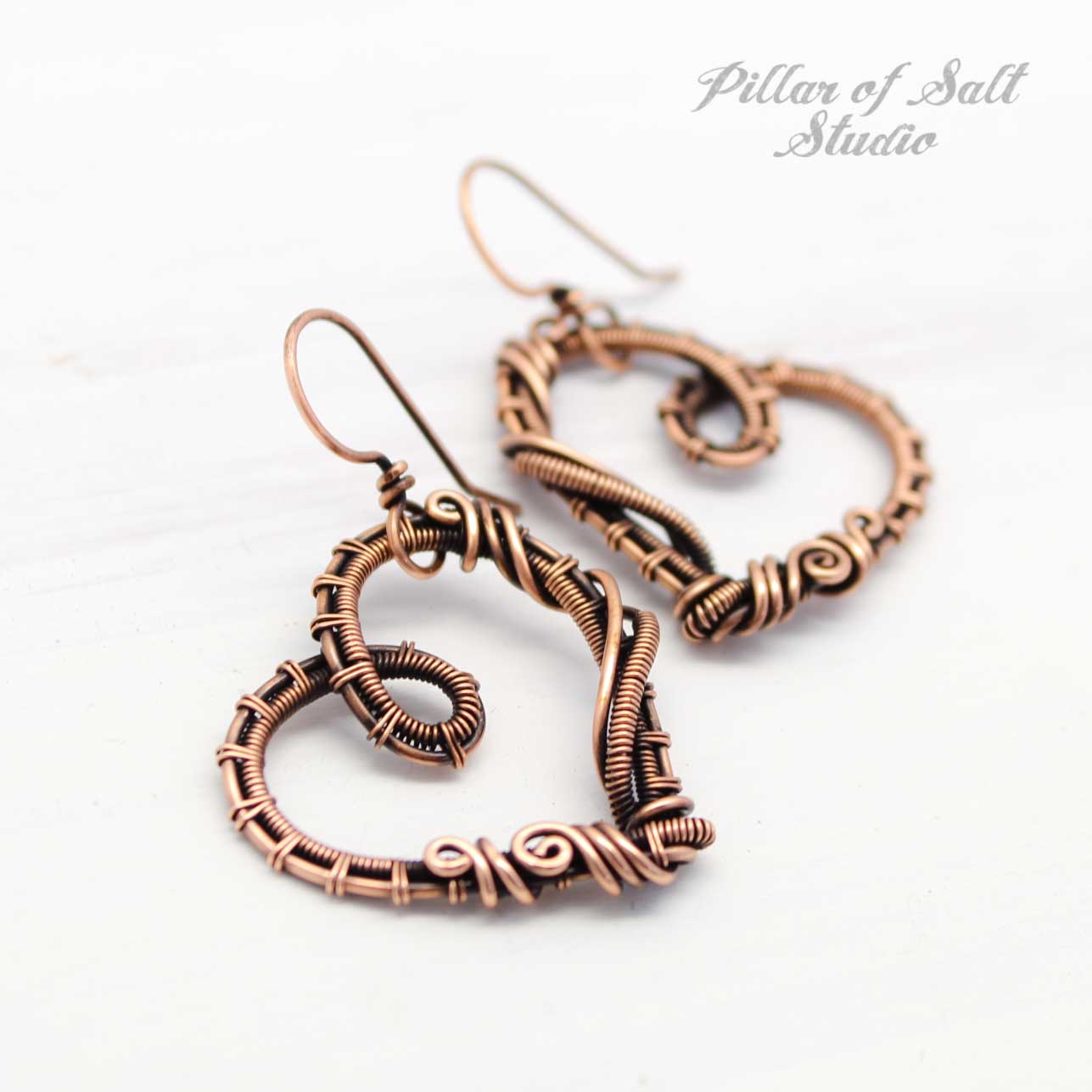 woven wire copper heart earrings Pillar of Salt Studio
