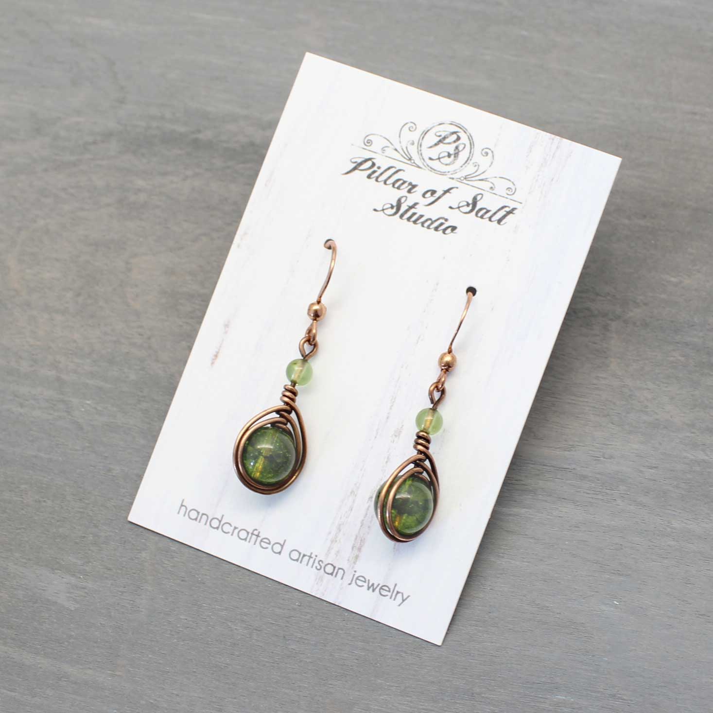 Peridot and copper wire wrapped earrings