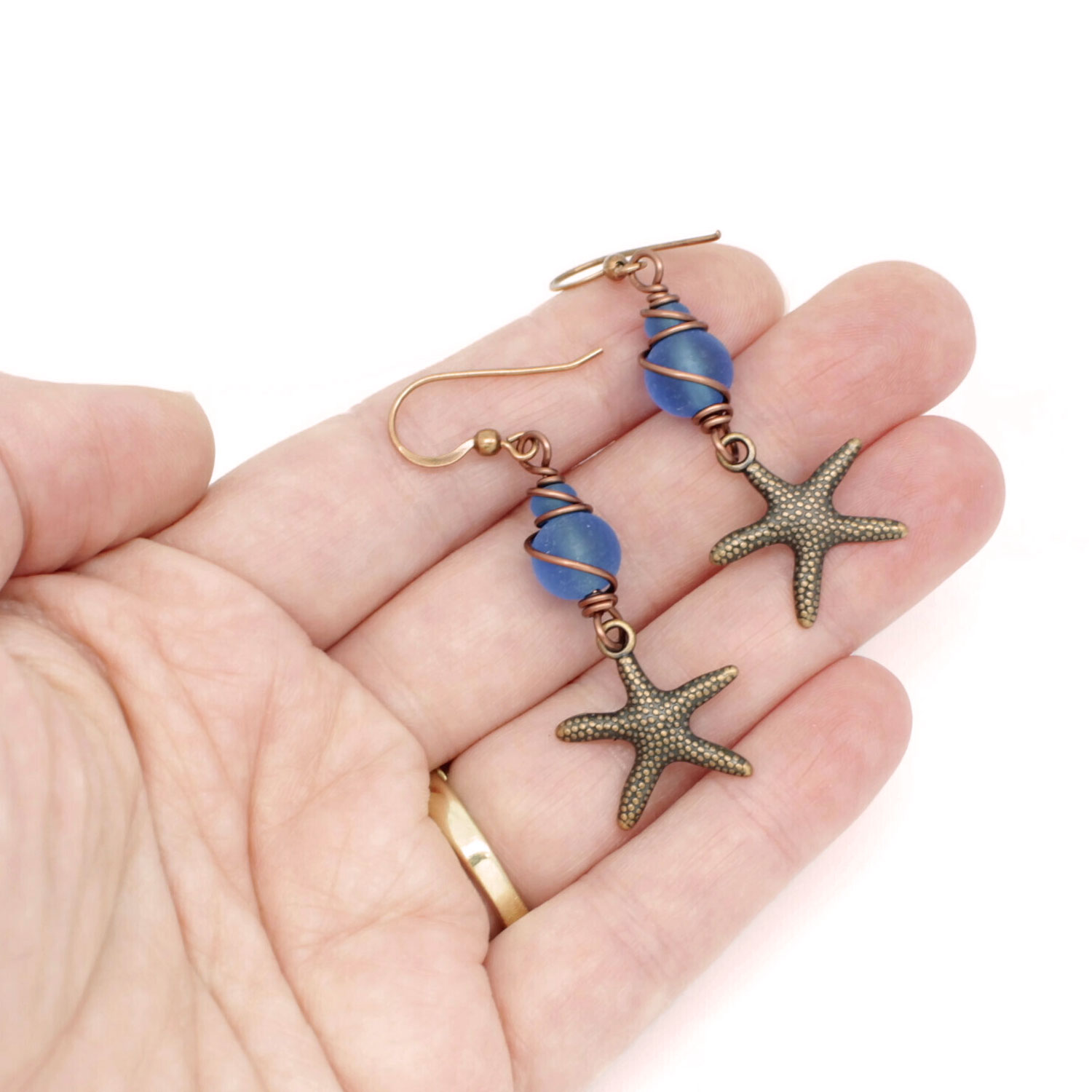 Antiqued Copper Starfish Earrings with Sea Glass (Pacific Blue)