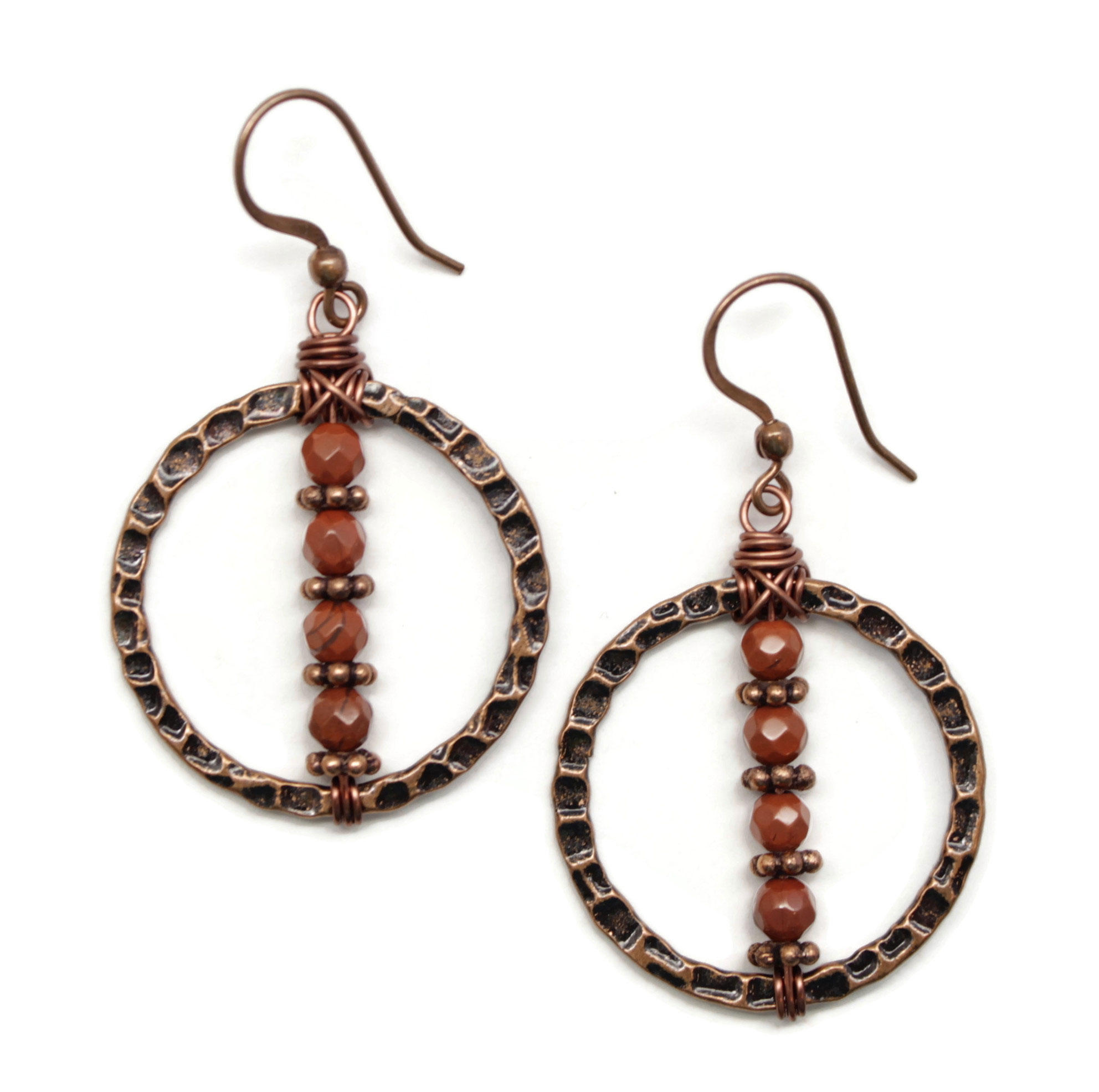 Antiqued Copper Hammered Hoop Earrings - Red Jasper Gemstones