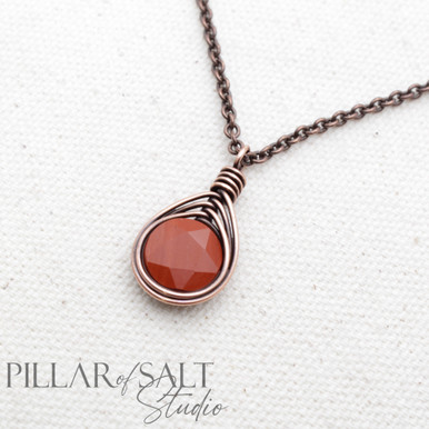 Red Jasper Wire Wrapped Pendant Copper Necklace - Pillar of Salt