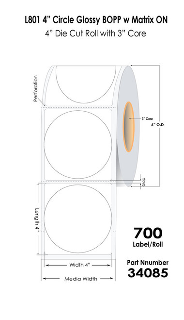 L801 4"x4" Glossy BOPP Circular label | 34085 | 34085