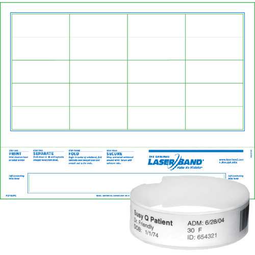 Wristband/Labels, Paper/PET, 8.5x11in (216x279mm), Laser, LaserBand 2, Adhesive Closure, Adult, W/20 labels, Blue, Hole Punched, 1000 sheets/box | LB2-ADULT-L2-BLU