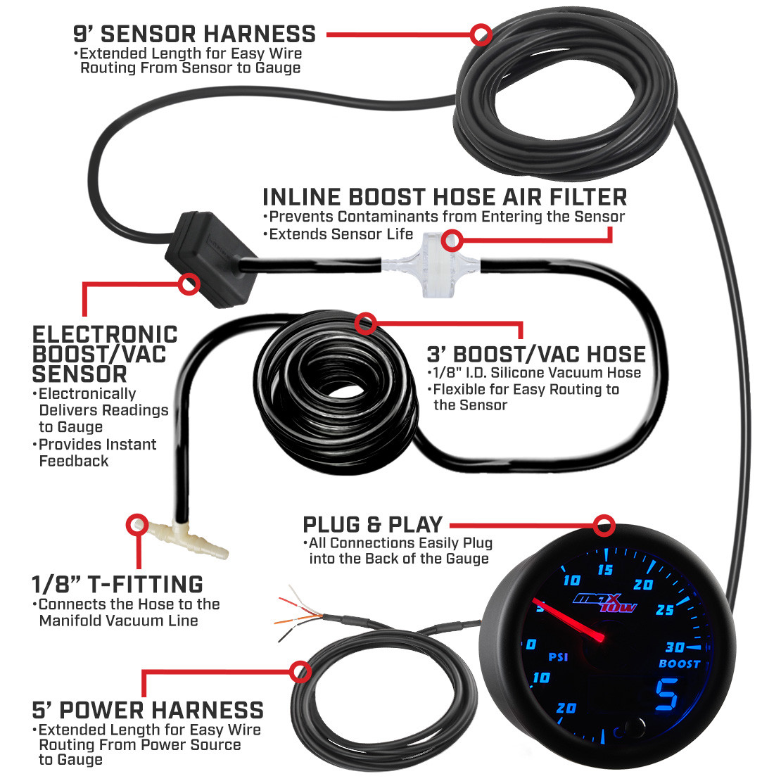 MaxTow | Black & Blue Double Vision™ Truck Tachometer Gauge