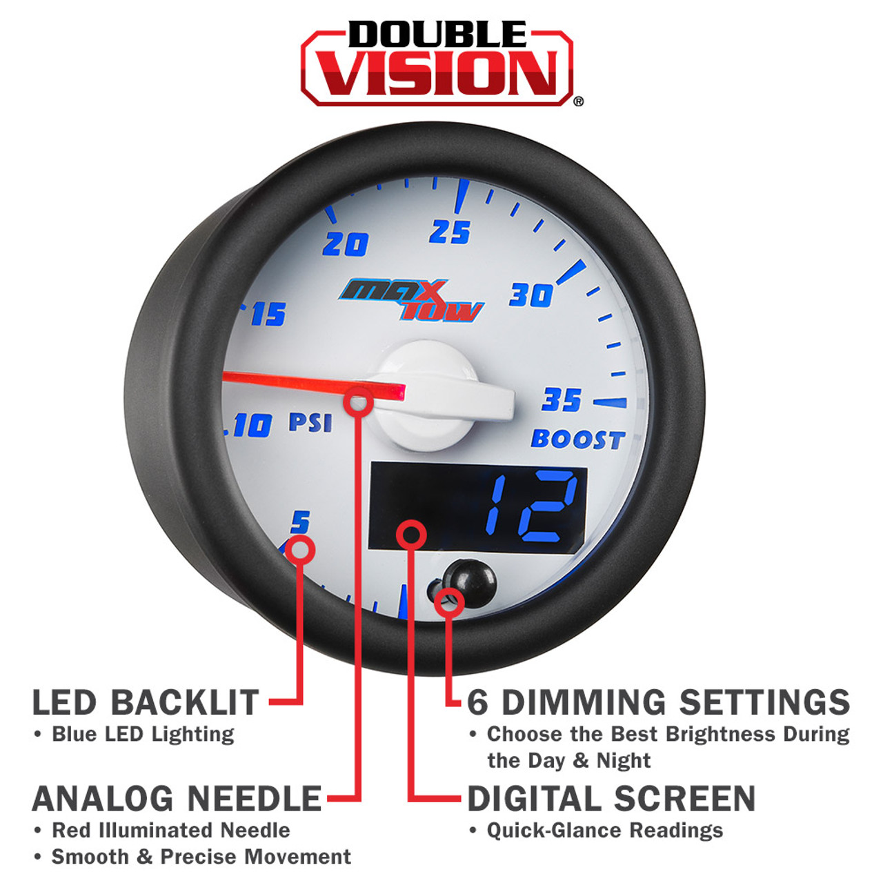 MaxTow  White & Blue Double Vision™ 35 PSI Truck Boost Gauge