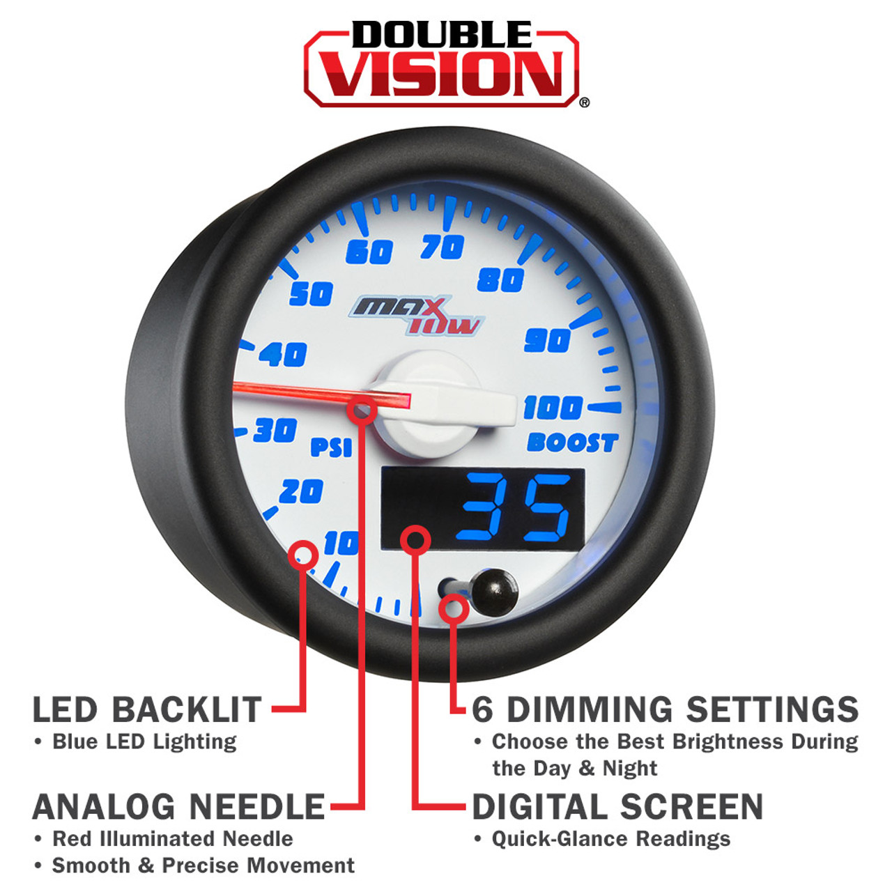 MaxTow  White & Blue Double Vision™ 100 PSI Boost Gauge for Trucks