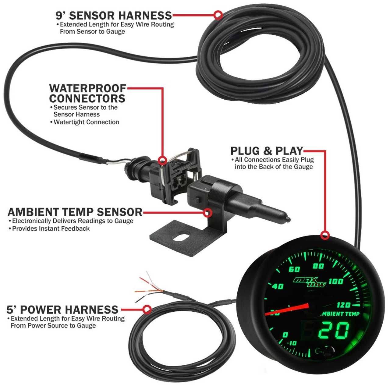 MaxTow Black  Green Double Vision™ Ambient Air Temperature Gauge