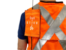 Orange safety vest with Vest Antenna attached to right shoulder