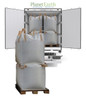 Two large white bulk totes on a wooden pallet, with more visible inside an open delivery truck.