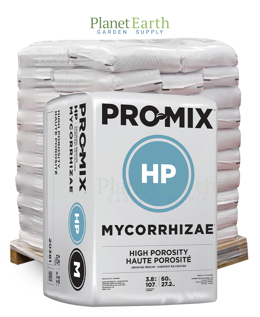 Pallet of white Pro-Mix HP Mycorrhizae bales with a featured bale in front.