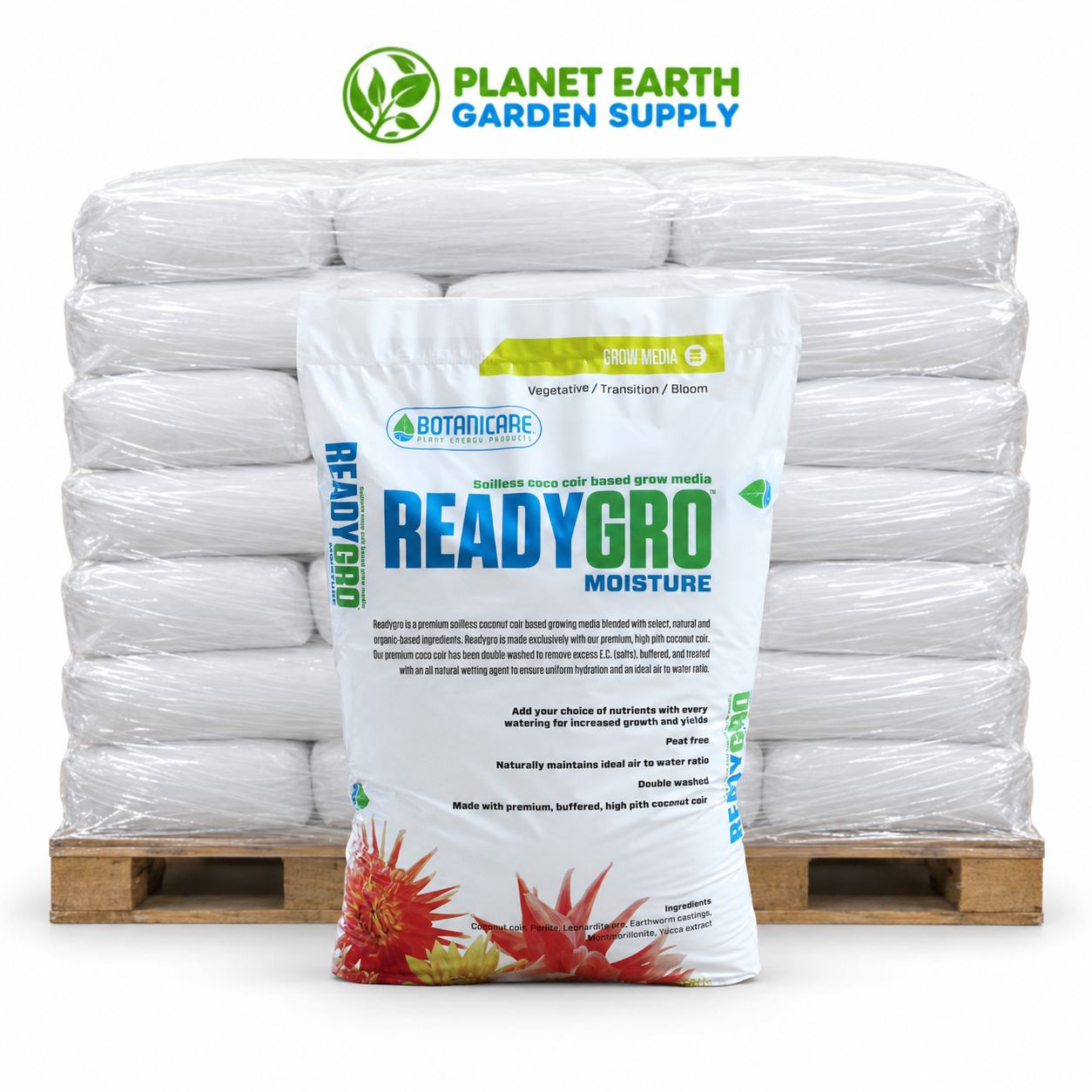 Botanicare ReadyGro Moisture 1.75-cubic-foot bags in bulk pallets at PlanetEarthGardenSupply.com.