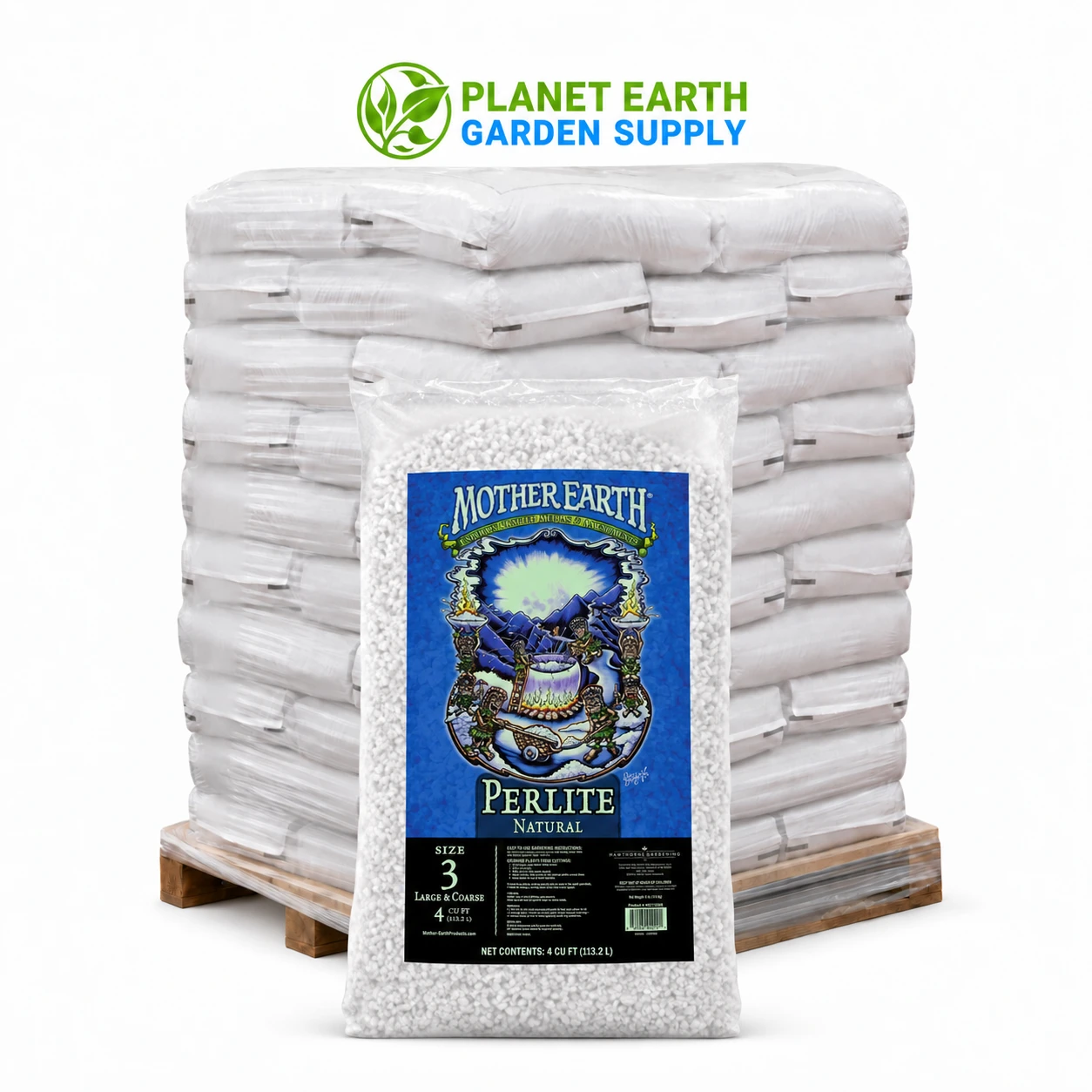 Mother Earth Perlite #3 4-cubic-foot bulk bags provide lightweight growing media support at PlanetEarthGardenSupply.com.