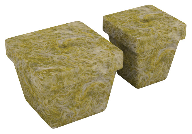 Two Grodan rockwool starter plugs in pale yellow-green, showing a fibrous texture with a central planting hole.
