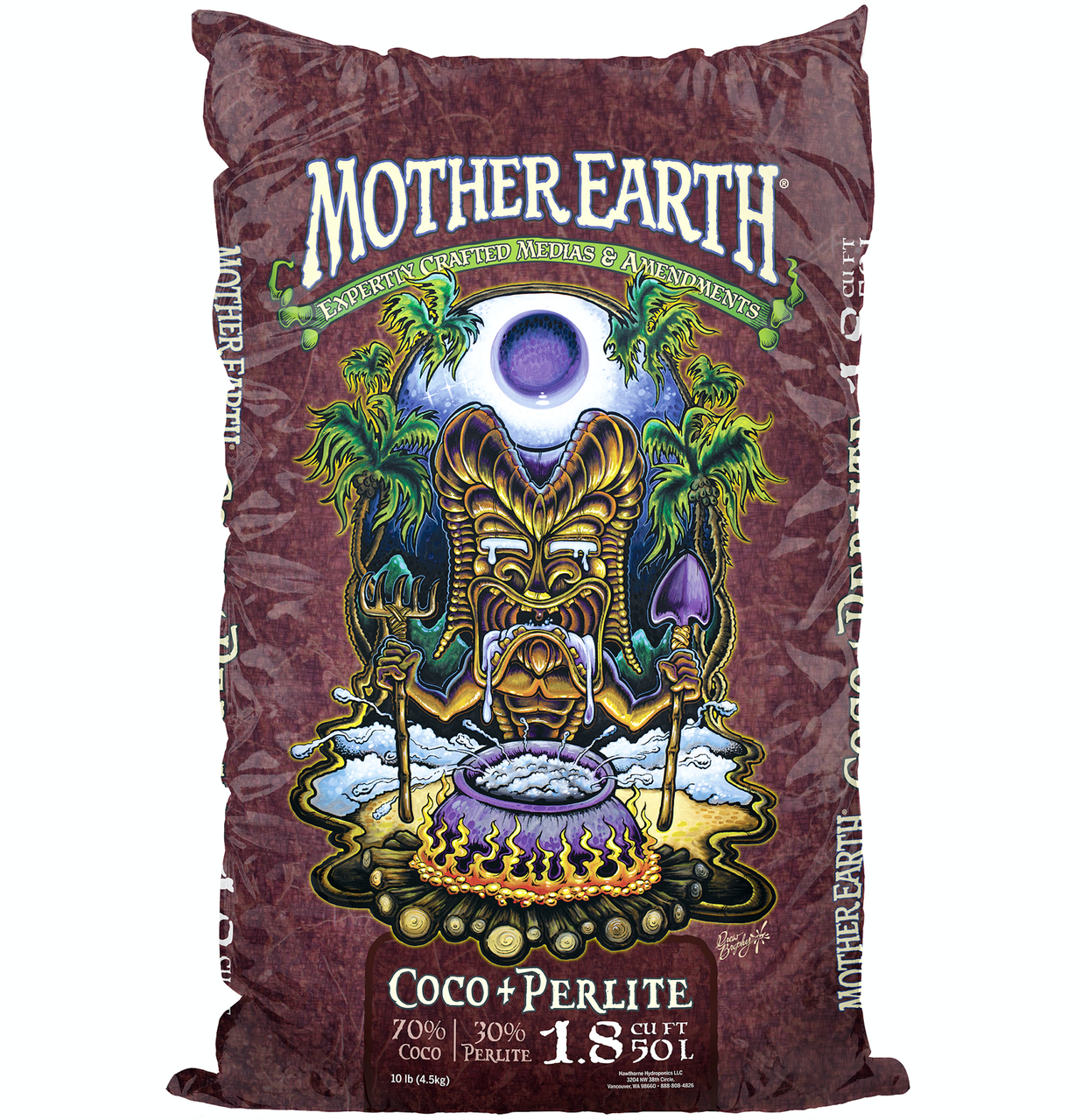 A burgundy 1.8 cubic foot bag of Mother Earth Coco + Perlite with an illustrated tiki graphic.