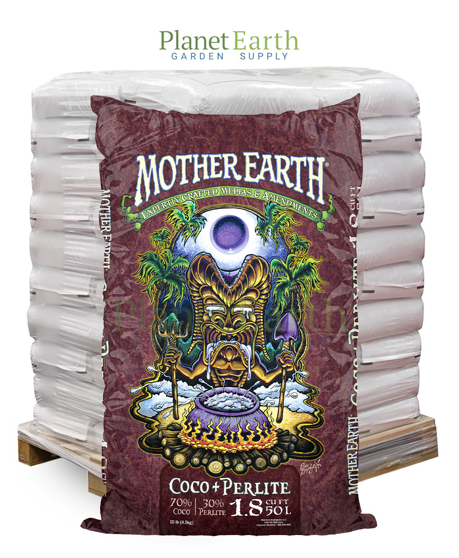 Pallet of Mother Earth Coco + Perlite bags featuring a large illustrated tiki design.