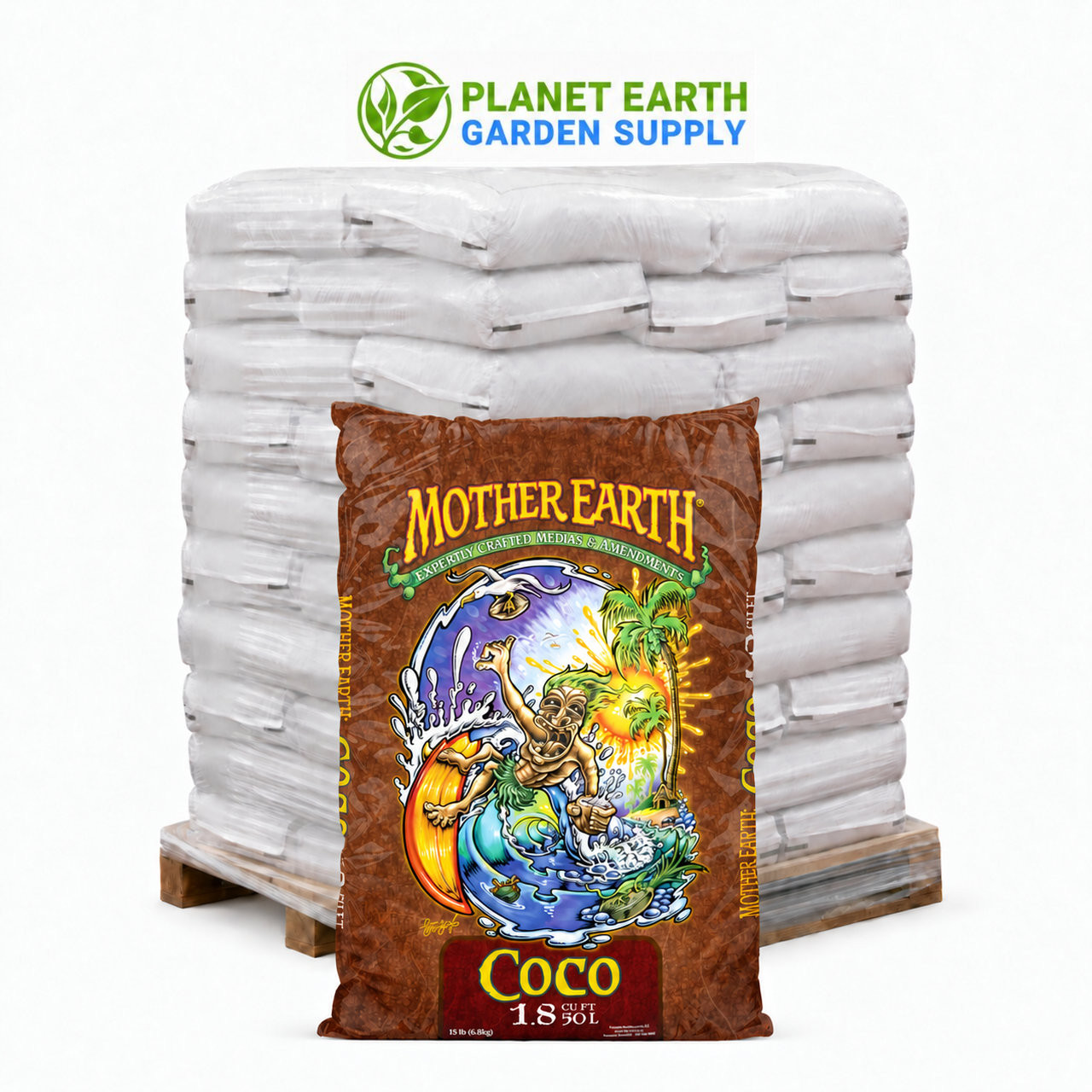 Mother Earth Coco 1.8-cubic-foot bags in bulk pallets for hydroponic cultivation at PlanetEarthGardenSupply.com.