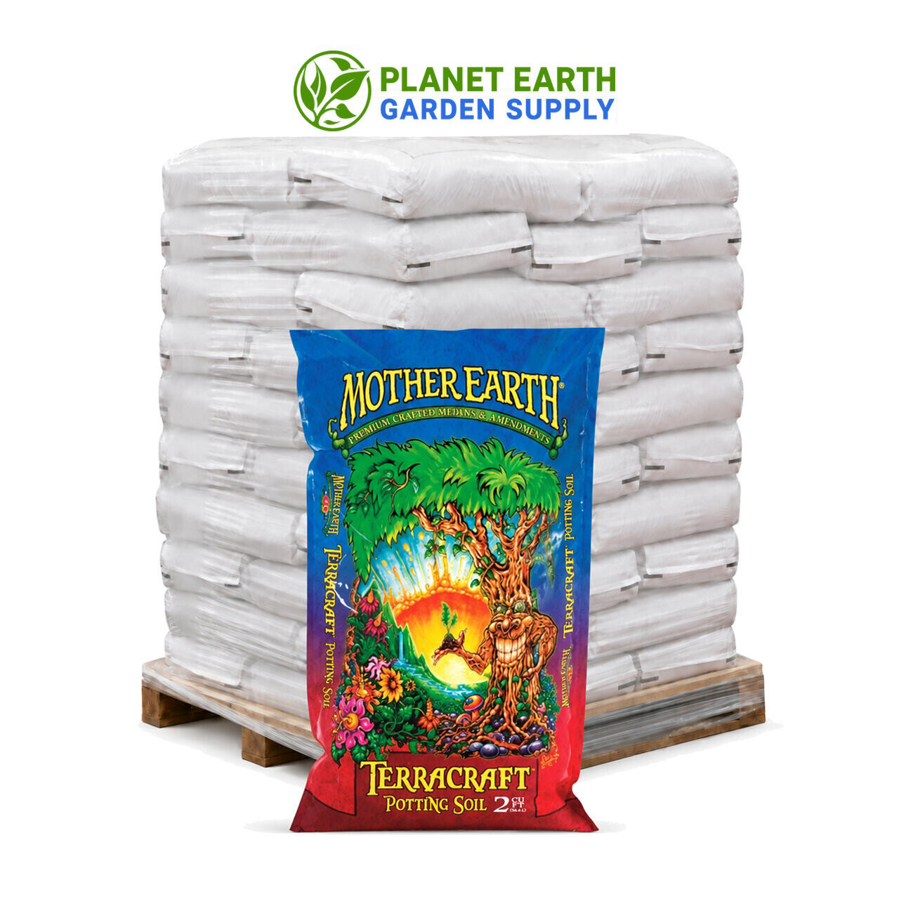 Mother Earth TerraCraft Potting Soil 2-cubic-foot bags in bulk pallets at PlanetEarthGardenSupply.com.