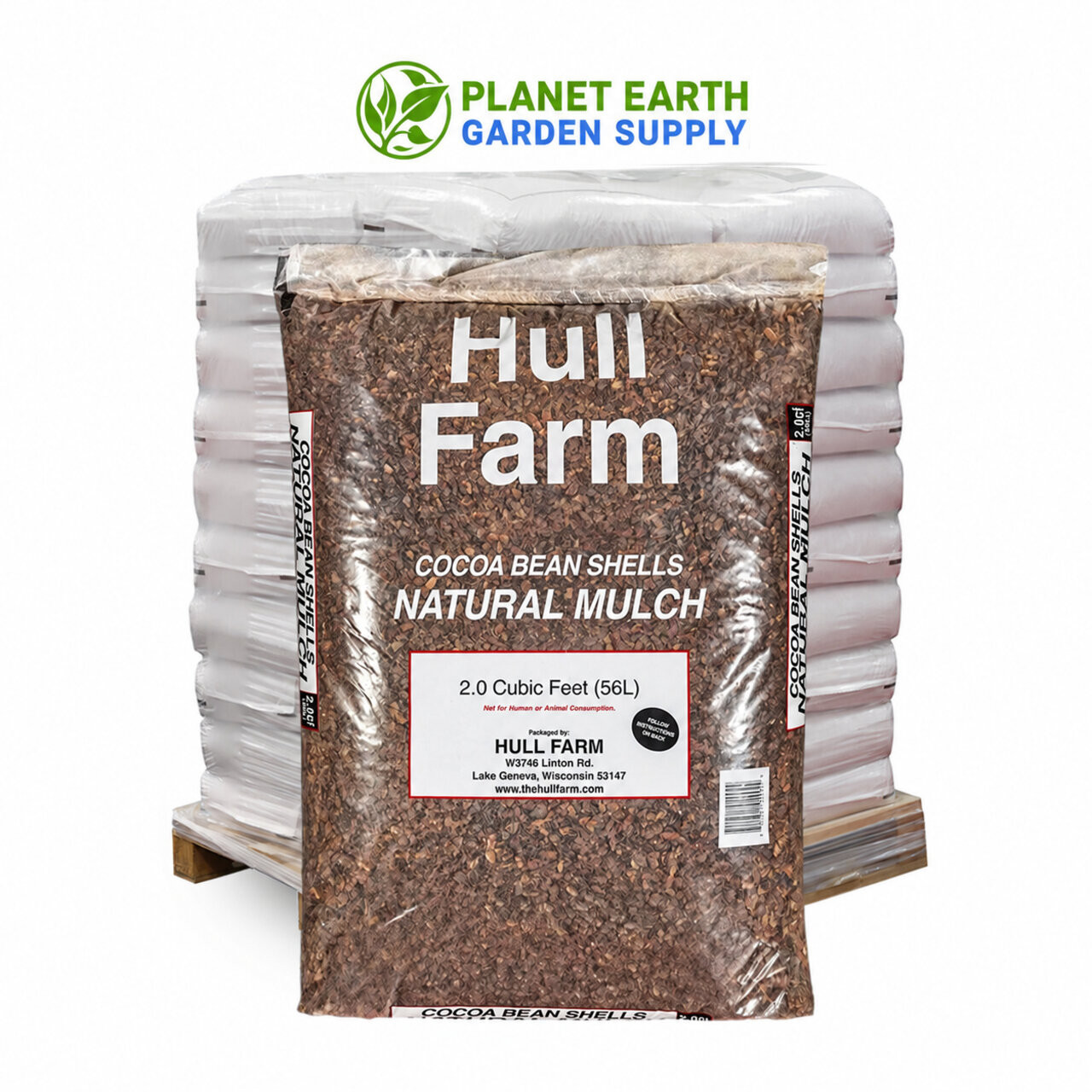Hull Farm Cocoa Shell Mulch in bulk, featuring 2 cubic foot bags for garden beds and landscaping projects.