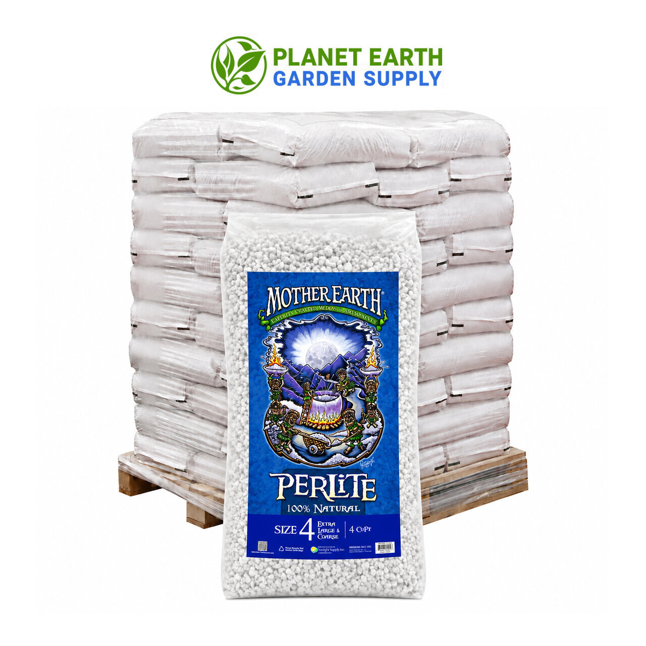 Mother Earth Perlite #4 full truckload containing 20 pallets and 600 four-cubic-foot bags.