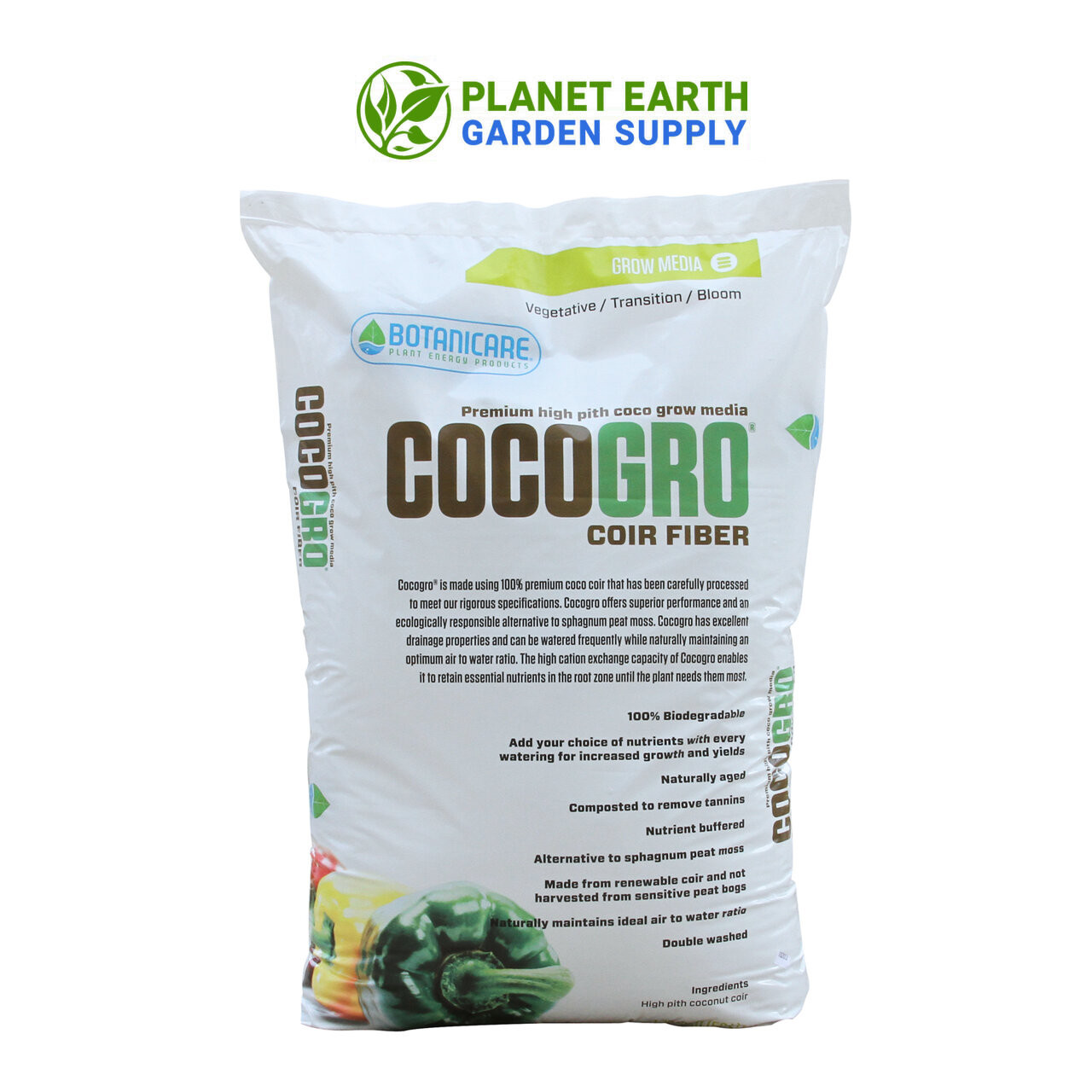 Botanicare CocoGro Loose growing media packaged in 1.75 cubic foot bags with 65 bags per pallet.