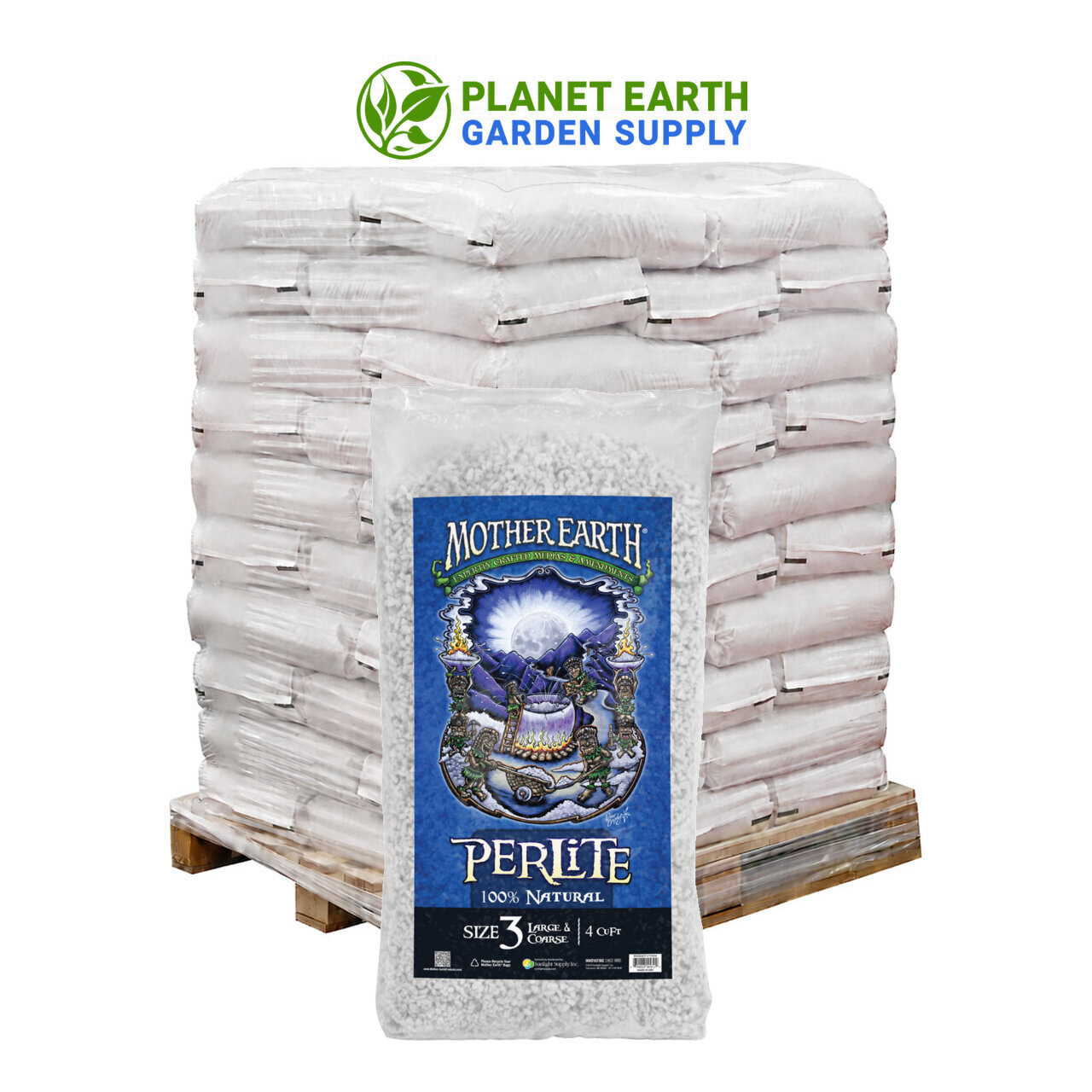 Thirty bags of Mother Earth Perlite #3 supply 120 cubic feet per pallet.