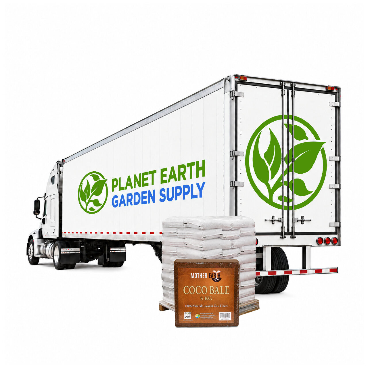 Mother Earth Coco Bale five-kilogram compressed coir supplied in a 20-pallet full truckload containing 4,800 bales.