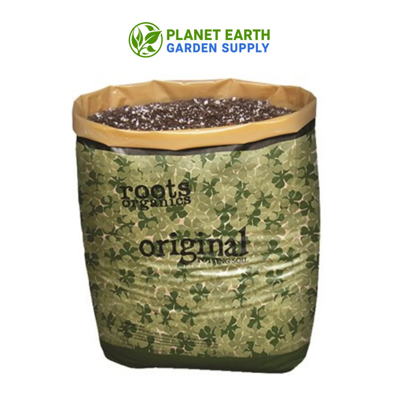 Roots Organics Original Potting Soil featuring coco fiber, peat moss, perlite, pumice, and composted forest material.