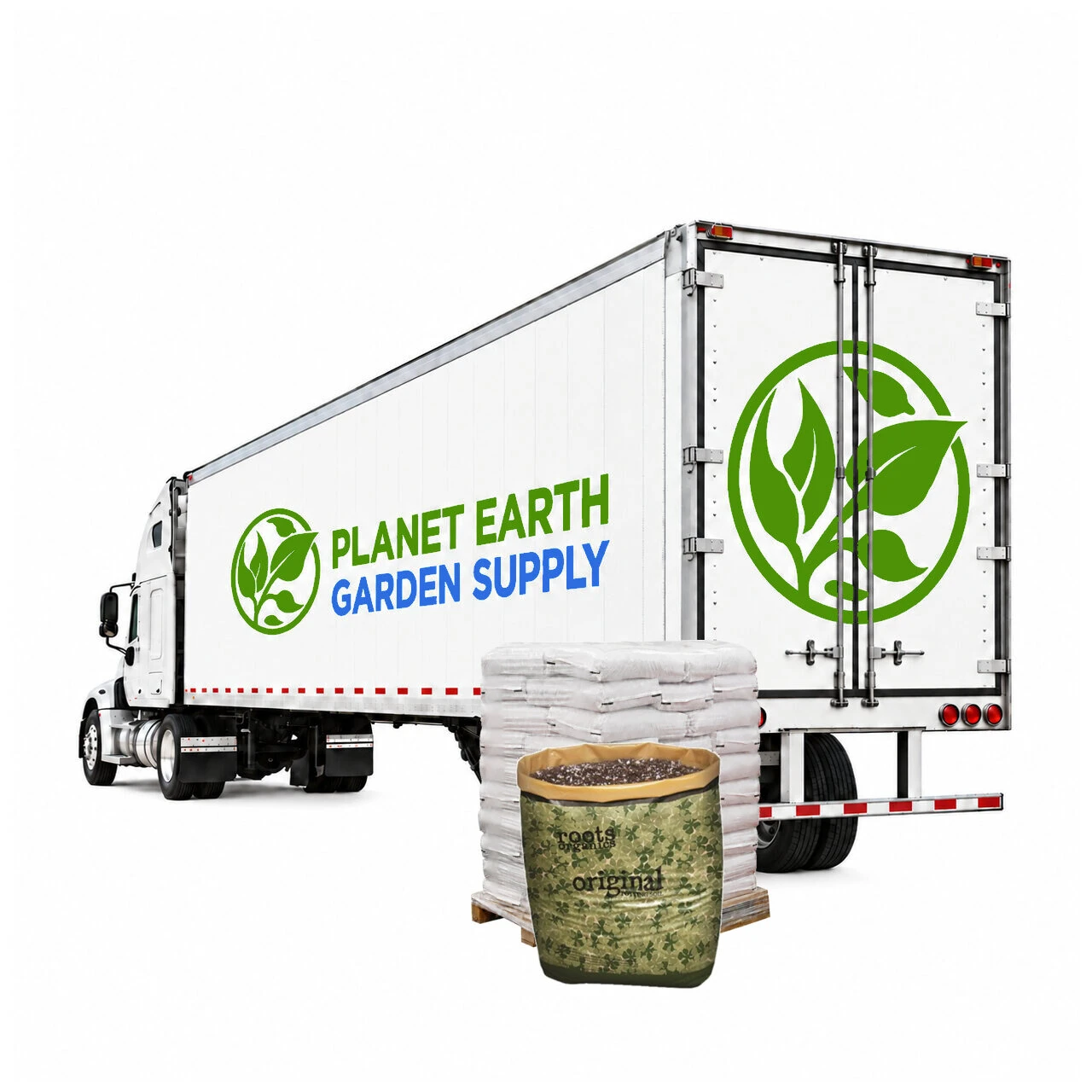 Aurora Innovations Roots Organics Original Potting Soil three-cubic-foot bags supplied in a 20-pallet full truckload.