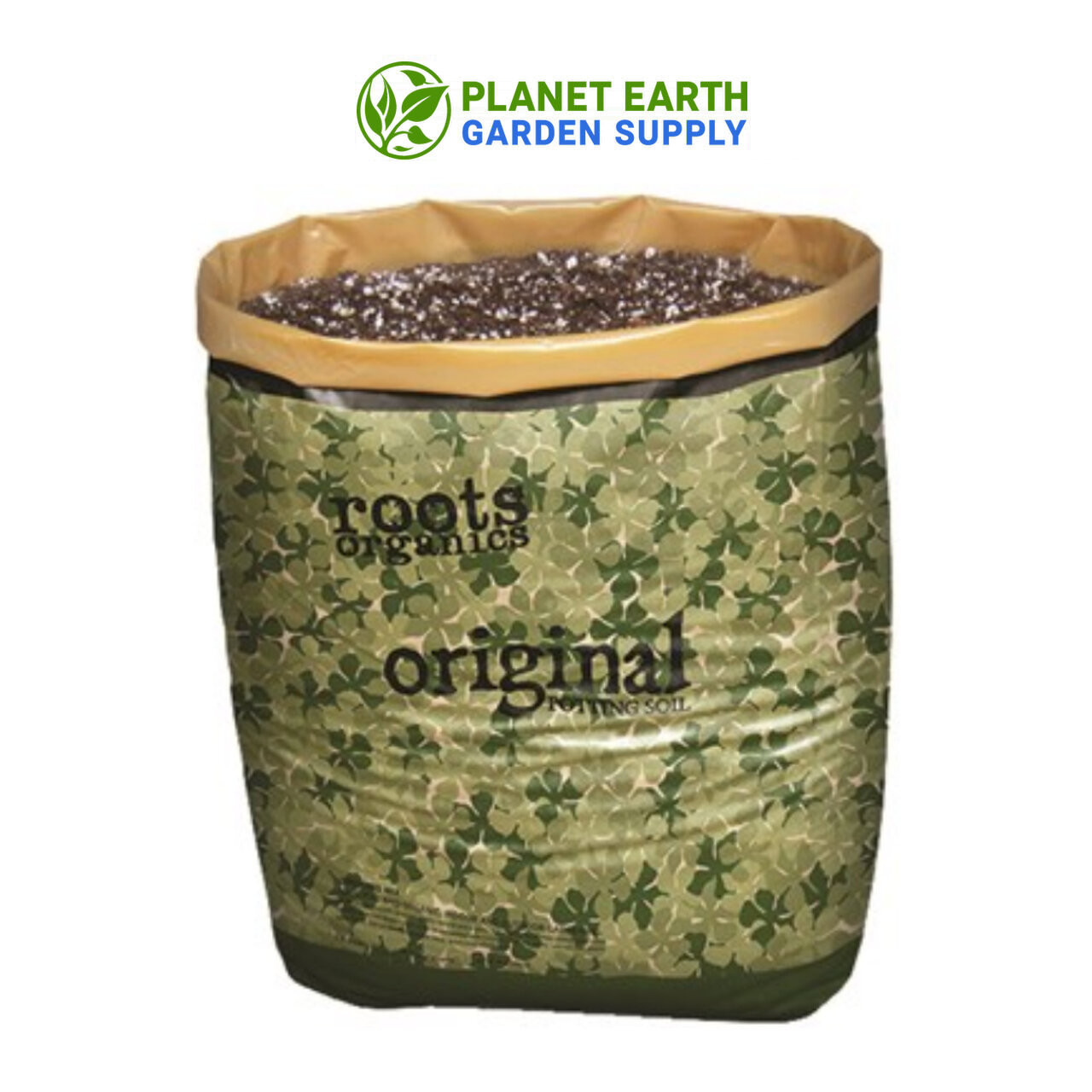 Roots Organics 1.5 cubic foot potting soil bags packaged with 70 bags per pallet.