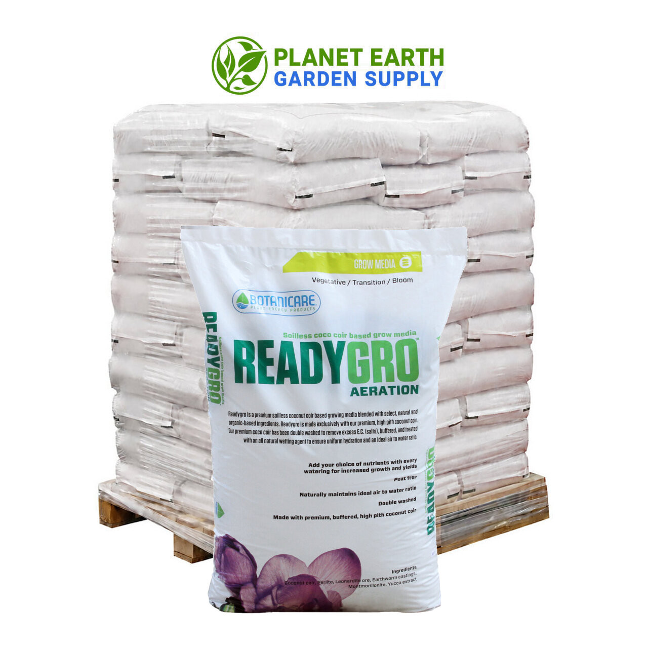 Botanicare ReadyGro Aeration pallet with 65 bags for commercial container cultivation and substrate planning.