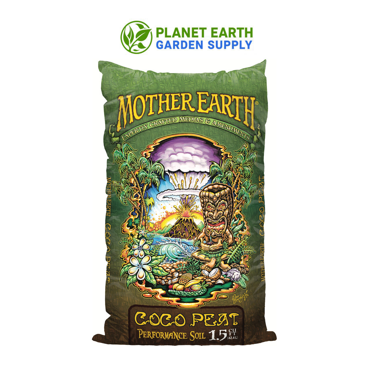 Mother Earth Coco Peat 1.5 cubic foot bags for flowers, vegetables, and fast-growing annuals.