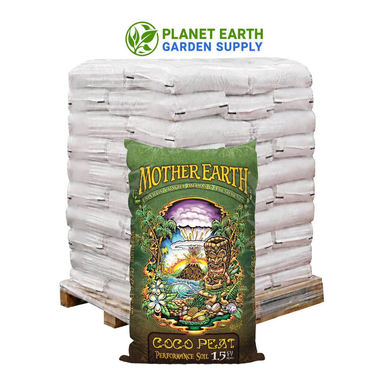 Mother Earth Coco Peat pallet with 60 bags, providing 90 cubic feet of growing medium.