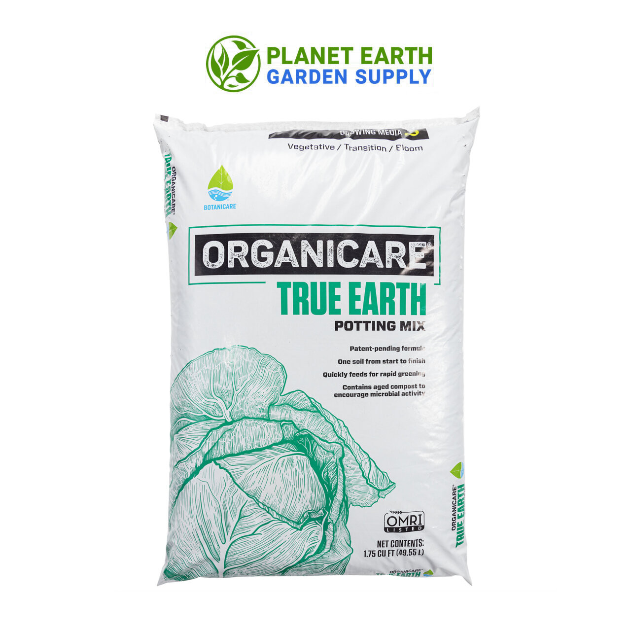 Botanicare Organicare True Earth Potting Mix with compost, peat, bark fines, perlite, and yucca.