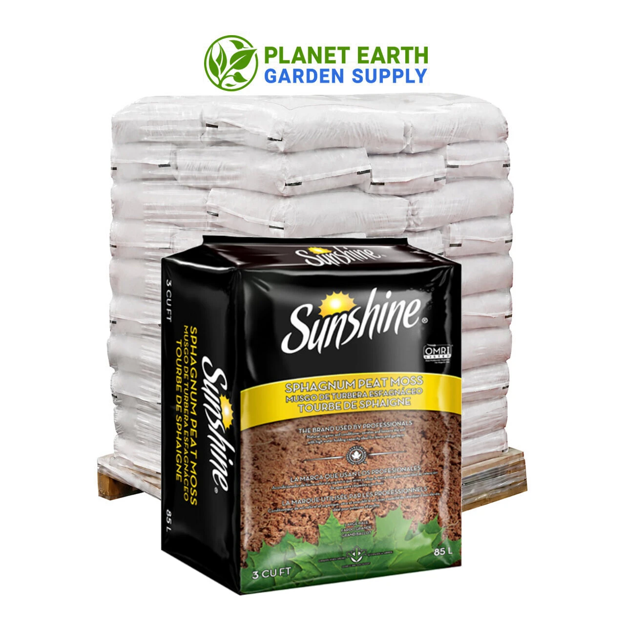 Bulk Sunshine Canadian peat moss pallet containing 30 individually packaged 3 cubic foot bales.